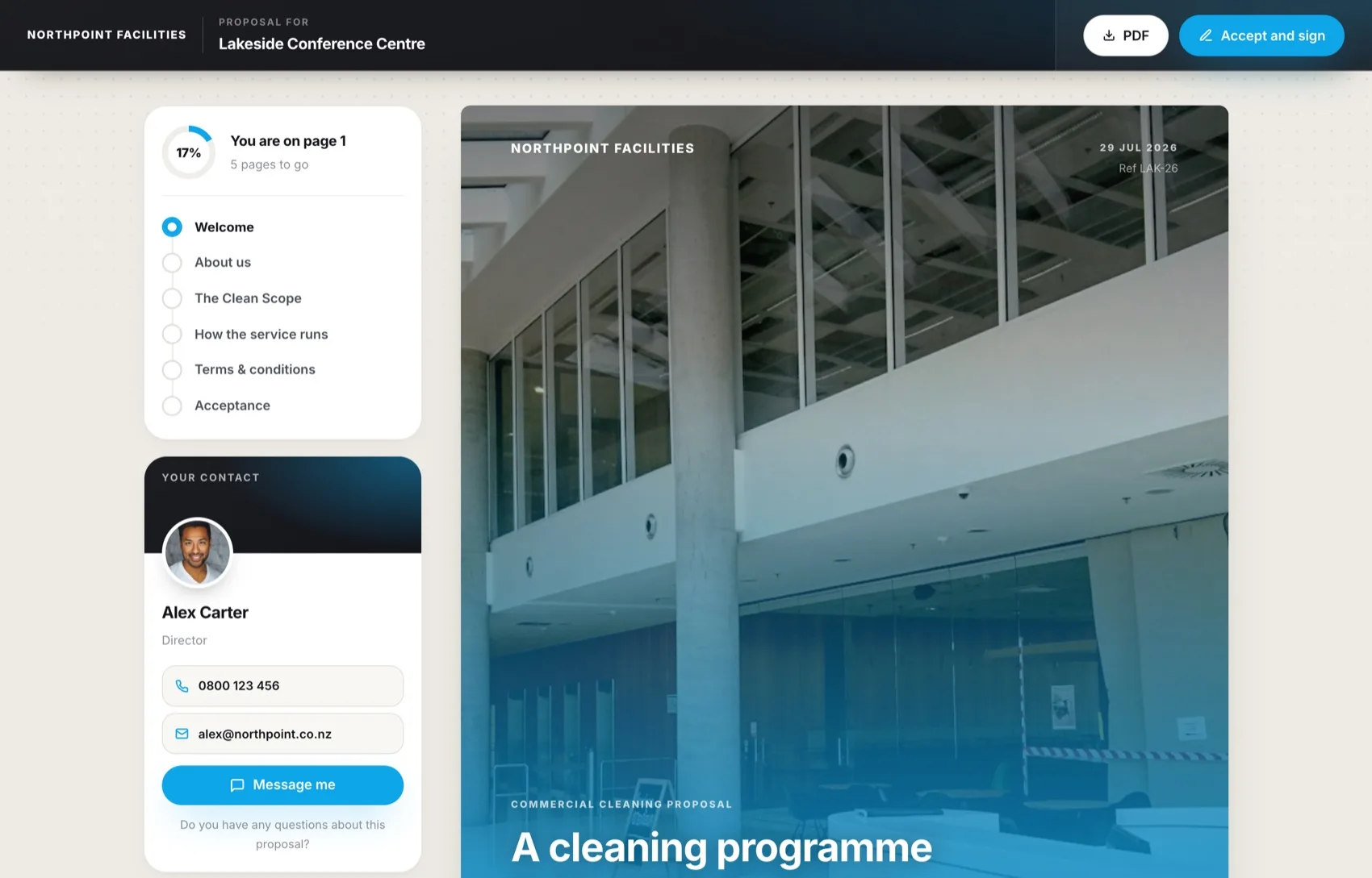 The client portal in Wonn, showing a branded commercial cleaning proposal with a page tracker and the sales contact