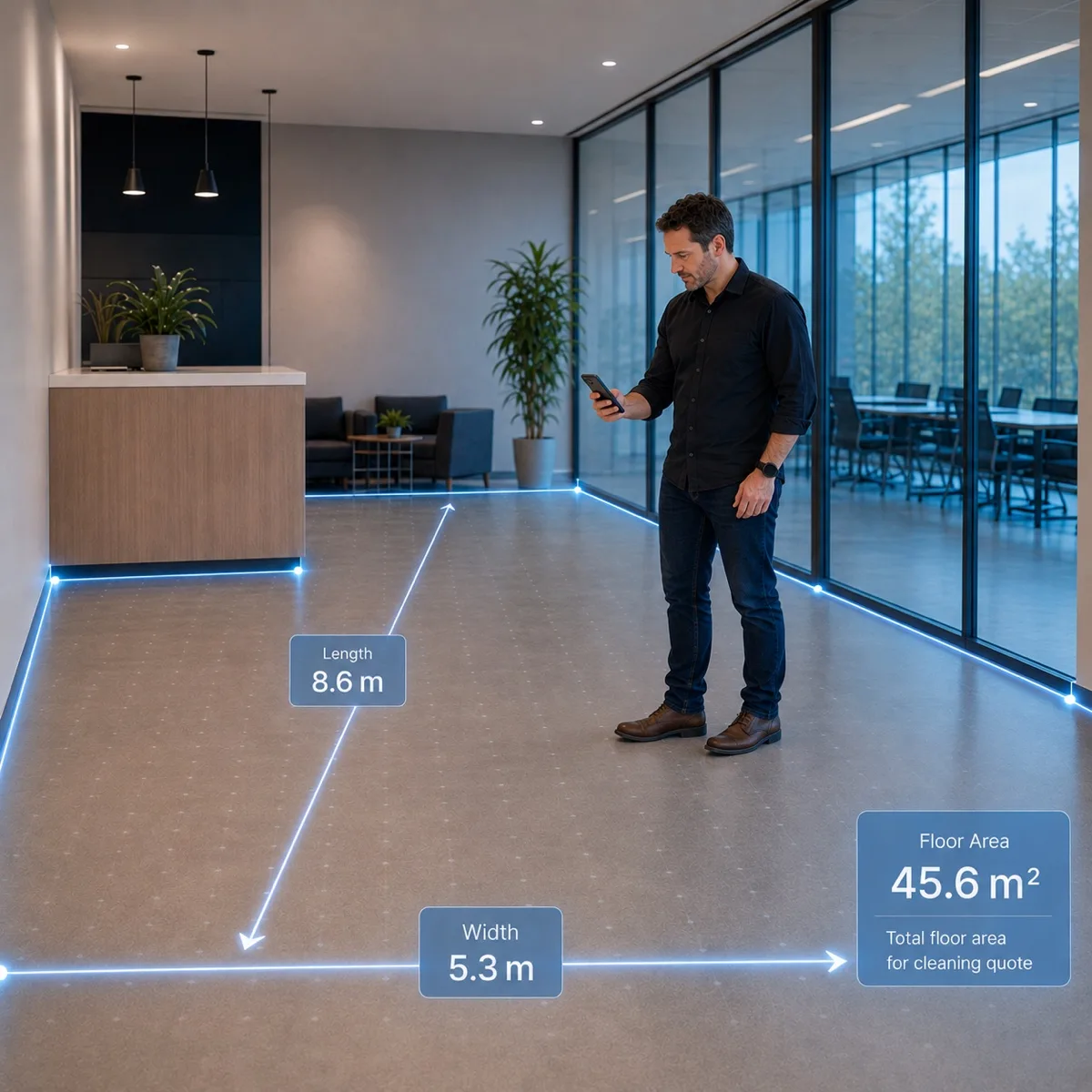 Measuring a commercial floor area on site with the Wonn app